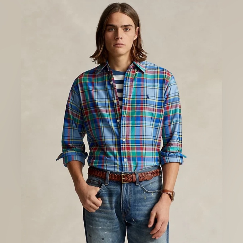 POLO RALPH LAUREN Men's Classic Fit Plaid Oxford Shirt Blue/Red %100 Cotton S